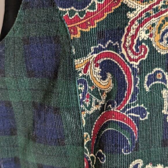 Talbot's Vintage Green and Blue Paisley and Plaid Corduroy Tailored Vest - Picture 7 of 8